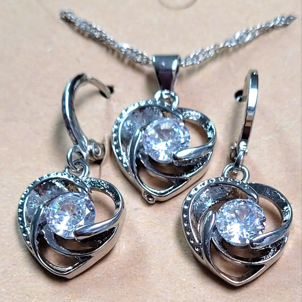 925S  Romantic Love Heart Necklace Hoop Earrings Set - Picture 4 of 6